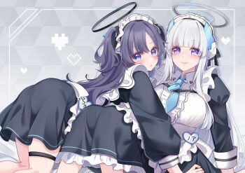 2girls absurdres apron aqua_necktie black_dress blue_archive blue_eyes blunt_bangs blush breasts closed_mouth commentary_request dress frilled_hairband frills hair_between_eyes hair_ornament hairband halo headphones highres large_breasts long_hair long_sleeves looking_at_viewer maid maid_apron maid_headdress mechanical_halo mochimori_kusunoki multiple_girls necktie noa_(blue_archive) puffy_long_sleeves puffy_sleeves purple_eyes purple_hair robot_ears smile thigh_strap twintails two_side_up yuri yuuka_(blue_archive)