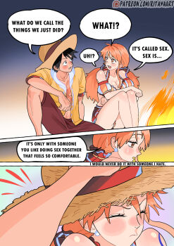 1boy 1girl bare_legs bare_shoulders black_hair blush blush_stickers breasts brown_shorts campfire cleavage collarbone commentary cross_scar earrings elbow_rest english_commentary english_text feet_out_of_frame hair_ornament hair_scrunchie hat hetero highres hood hood_down hoodie jewelry knees_up large_breasts long_hair looking_at_another low_twintails miniskirt monkey_d._luffy nami_(one_piece) night off-shoulder_shirt off_shoulder one_piece open_clothes open_hoodie open_mouth orange_eyes orange_hair patreon_username pearl_earrings puffy_short_sleeves puffy_sleeves red_scrunchie red_skirt rita_ya scar scar_on_chest scrunchie shirt short_sleeves shorts shoulder_tattoo single_sidelock sitting skirt speech_bubble straw_hat striped_clothes striped_shirt tattoo thighs twintails upper_body vertical-striped_clothes vertical-striped_shirt wavy_hair yellow_hoodie