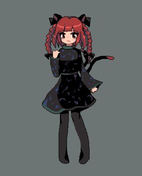 Rule 34 | 1girl, animal ears, black dress, black ribbon, blunt bangs, blush, braid, cat ears, cat tail, commentary request, dress, full body, grey background, hair ribbon, highres, kaenbyou rin, kulou d, long hair, looking at viewer, multiple tails, open mouth, pixel art, red eyes, red hair, ribbon, side braids, simple background, solo, standing, tail, touhou, twin braids, two tails