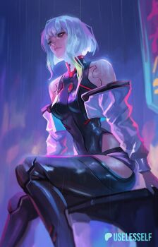 1girl artist_name bare_shoulders breasts cyberpunk:_edgerunners cyberpunk_(series) cyborg eyeliner jacket leotard looking_to_the_side lucy_(cyberpunk) makeup multicolored_hair neon_sign night off_shoulder open_clothes parted_bangs patreon_logo rain red_eyeliner short_hair sitting sky solo useless_elf white_hair