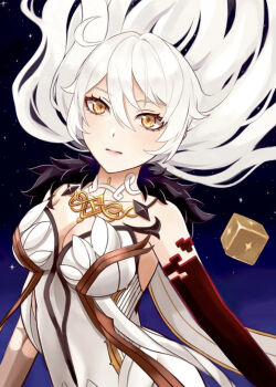 Rule 34 | 1girl, asmoday (genshin impact), bare shoulders, black fur, blonde hair, breasts, celtic knot, cleavage, closed mouth, collarbone, commentary, corruption, cube, floating hair, formal clothes, fur trim, genshin impact, hair between eyes, hair floating upwards, head tilt, large breasts, long hair, looking at viewer, moyumoyuru p, orange eyes, pink lips, side ahoge, sky, solo, space, star (sky), star (symbol), starry sky, suit, upper body, wavy hair