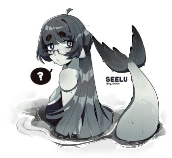 1girl absurdres ahoge animal_ears blush breasts colored_skin grey_hair grey_skin highres medium_breasts monster_girl ny_000a one-piece_swimsuit original partially_submerged seal_(animal) short_hair signature swimsuit tail thick_eyebrows