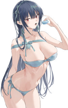 1girl arm_behind_back bikini black_hair blue_bikini blue_ribbon breasts closed_mouth collarbone food hair_ribbon haite_kudasai_takamine-san highres hiiragi_yuuichi holding holding_food large_breasts leaning_forward long_hair looking_at_viewer macaron navel open_mouth red_eyes ribbon side-tie_bikini_bottom simple_background solo strapless strapless_bikini swimsuit takamine_takane teeth upper_teeth_only white_background