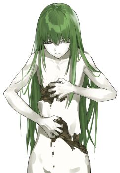 1other breaking closed_eyes cracked_skin dirt enkidu_(fate) fate/grand_order fate_(series) fgolz7l green_hair highres long_hair nude other_focus simple_background solo upper_body white_background