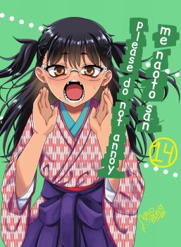 1girl alternate_universe artist_name black_hair brown_eyes comic_cover_redraw commentary_request derivative_work glasses green_background hakama hands_up highres ijiranaide_nagatoro-san japanese_clothes long_hair looking_at_viewer mao_bunny nagatoro_hayase open_mouth purple_hakama role_reversal solo spanish_commentary straight-on tan teeth two_side_up unmoving_pattern yagasuri