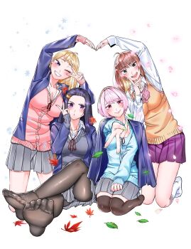 Rule 34 | 4girls, ;d, akino sayuri, arm up, black cardigan, black hair, black pantyhose, blazer, blonde hair, blue cardigan, blue jacket, blush, bow, bowtie, breasts, brown eyes, brown hair, brown thighhighs, cardigan, character request, cleavage, closed mouth, commentary request, dosanko gal wa namaramenkoi, falling leaves, falling petals, fuyuki minami, grey skirt, grin, gyaru, gyaru v, hair ornament, hairband, hairclip, hand on lap, heart arms, heart arms duo, highres, ikada kai, jacket, jacket on shoulders, kneeling, large breasts, leaf, long hair, long sleeves, maple leaf, mile, multiple girls, natsukawa rena, neck ribbon, no shoes, official art, one eye closed, open clothes, open jacket, open mouth, orange sweater, pantyhose, petals, pink bow, pink bowtie, pink cardigan, pink hair, pink petals, pleated skirt, purple eyes, purple skirt, red hairband, red ribbon, ribbon, school uniform, season connection, seiza, short hair, simple background, sitting, skirt, smile, snowflakes, socks, spoilers, striped bow, striped bowtie, striped clothes, sweater, teeth, thighhighs, upper teeth only, v, v over eye, white background, white socks