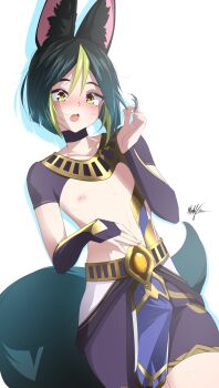 1boy absurdres animal_ear_fluff animal_ears black_gloves black_hair black_shorts black_sleeves commentary cosplay crop_top cyno_(genshin_impact) cyno_(genshin_impact)_(cosplay) english_commentary fox_ears fox_tail genshin_impact gloves green_eyes green_hair green_tail highres male_focus marky_evan multicolored_hair nipples open_mouth short_hair shorts solo streaked_hair tail tighnari_(genshin_impact) trap