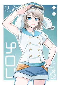 1girl absurdres achin_(putsi_2025) arm_up aviator_cap blue_background blue_eyes blue_sailor_collar blush brown_hair character_name commentary genjitsu_no_yohane goggles goggles_on_head goggles_on_headwear grey_hair hand_on_own_hip hat highres love_live! love_live!_sunshine!! nose nose_blush sailor_collar salute short_sleeves shorts simple_background solo symbol-only_commentary thighs watanabe_you wavy_hair white_background you_(genjitsu_no_yohane)