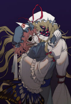 2girls abstract absurdres arm_garter arm_ribbon arm_strap blonde_hair blue_headwear blue_kimono breasts butterfly_wings chinese_commentary closed_eyes closed_mouth commentary_request death dress exposed_bone expressionless extra_eyes eyelashes face-to-face fingernails floating_hair frilled_sleeves frills hair_between_eyes hair_ribbon hat hat_ribbon highres hug huge_filesize insect_wings japanese_clothes kimono large_breasts long_hair long_sleeves looking_at_viewer low_wings messy_hair mob_cap multiple_girls obi outline pink_hair purple_background red_eyes red_ribbon ribbon saigyouji_yuyuko sash short_hair sidelocks simple_background skull smile static tabard touhou tress_ribbon triangular_headpiece veil very_long_hair white_dress white_headwear wide_sleeves wings xianyu_liang yakumo_yukari