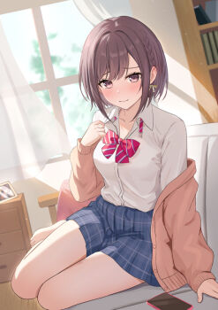 1girl backlighting bare_legs barefoot blue_skirt blush bob_cut bookshelf bow bowtie braid breasts brown_cardigan brown_eyes brown_hair cardigan cellphone closed_mouth collarbone collared_shirt commentary_request couch curtains diagonal-striped_bow diagonal-striped_bowtie diagonal-striped_clothes dot_nose drawer dress_shirt floating_curtains hair_bow hand_up indoors kamiyama_high_school_uniform_(project_sekai) long_sleeves looking_at_viewer loulis_0115 medium_breasts off_shoulder on_couch open_cardigan open_clothes phone photo_(object) plaid_clothes plaid_skirt pleated_skirt project_sekai red_bow red_bowtie school_uniform shelf shinonome_ena shirt shirt_tucked_in short_hair side_braid sidelocks sitting skirt smartphone solo striped_bow striped_bowtie striped_clothes sunlight swept_bangs white_shirt window wooden_floor yokozuwari