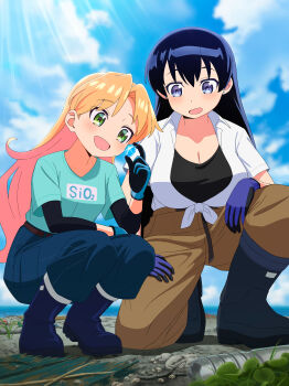 2girls absurdres aqua_shirt arato_nagi black_hair black_shirt blue_gloves blue_pants blue_sky boots bottle breasts brown_pantyhose cleavage cloud collared_shirt commentary_request day denim ear_piercing earrings glass gloves green_eyes hair_between_eyes highres holding jeans jewelry large_breasts long_hair multiple_girls obashiso ocean open_mouth orange_hair outdoors pants pantyhose piercing purple_eyes purple_gloves ruri_no_houseki shirt shore sky smile squatting stud_earrings t-shirt tanigawa_ruri tied_shirt trash_can white_shirt