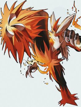 1other blaziken blue_eyes claws colored_sclera commentary_request fire full_body furry gen_3_pokemon highres kicking mega_blaziken mega_pokemon nintendo pokemon pokemon_(creature) pokemon_focus reo_(mmocc123) solo standing standing_on_one_leg yellow_sclera