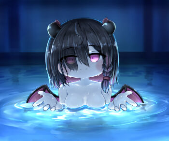 Rule 34 | 1girl, black hair, black horns, black wings, braid, breasts, chibi, chibi only, closed mouth, collarbone, colored inner hair, commentary request, dragon girl, dragon horns, dragon wings, hair over one eye, highres, horns, i'll teach you everything (chainsaw man), korean commentary, large breasts, leets (trickcal), looking at viewer, makka 2000, multicolored hair, multicolored horns, nude, partially submerged, pool, red eyes, red hair, red horns, red wings, single braid, smile, solo, straight-on, streaked hair, trickcal, two-tone hair, two-tone horns, two-tone wings, water, wet, wings