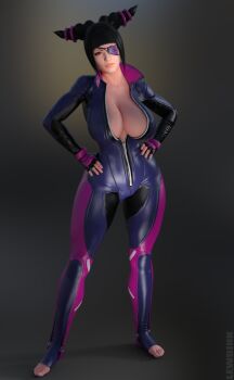 3d black_hair breasts coat eyepatch formal_clothes gloves han_juri hand_on_own_hip highres hot huge_breasts jacket lewdink looking_at_viewer open_clothes open_coat open_jacket purple_eyes street_fighter suit toned
