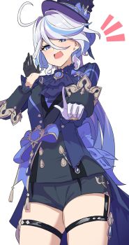 1girl bare_legs black_gloves black_shorts blue_hair cowboy_shot fang furina_(genshin_impact) genshin_impact gloves hat index_finger_raised jacket long_hair shorts simple_background skin_fang smile solo thigh_gap twitter white_background white_gloves ynfkin