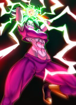 1girl abs absurdres arms_up aura black_background black_eyes black_hair boots bracelet breasts dragon_ball dragon_ball_super earrings energy energy_ball highres jewelry kefla_(dragon_ball) kuurantto large_breasts looking_down muscular muscular_female navel pants potara_earrings smile sparkle spiked_hair teeth underboob