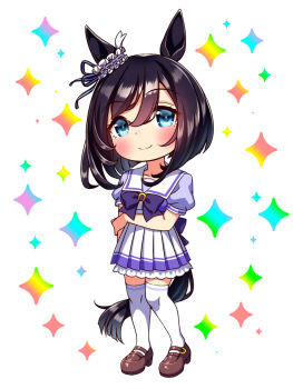 1girl animal_ears black_hair blue_eyes blush bob_cut bow bowtie breasts chibi chibi_only closed_mouth collarbone commentary_request ear_ribbon ear_scrunchie eishin_flash_(umamusume) full_body hair_between_eyes highres horse_ears horse_girl horse_tail looking_at_viewer medium_breasts pleated_skirt puffy_short_sleeves puffy_sleeves purple_bow purple_bowtie purple_shirt sailor_collar sailor_shirt school_uniform scrunchie shirt shoes short_hair short_sleeves skirt smile solo sugimotty_nova tail thighhighs tracen_school_uniform umamusume white_sailor_collar white_scrunchie white_skirt white_thighhighs zettai_ryouiki