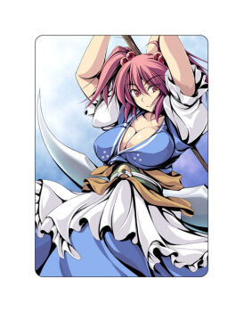 1girl arms_up belt breasts cleavage dress female_focus fuyuwa_kotatsu gradient_background large_breasts onozuka_komachi red_eyes red_hair scythe skirt solo touhou white_background