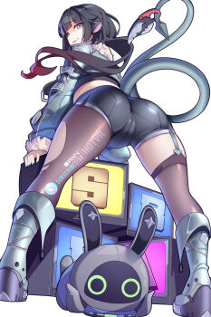 1girl animal_ears bangboo_(zenless_zone_zero) black_shorts brown_pantyhose closed_mouth commentary english_commentary from_behind gradient_hair green_jacket highres hot_vr jacket jane_doe_(zenless_zone_zero) long_hair long_sleeves looking_at_viewer looking_back mouse_ears mouse_girl multicolored_hair pantyhose pixiv_username red_hair screen shorts simple_background standing subscribestar_logo subscribestar_username tail torn_clothes torn_pantyhose white_background zenless_zone_zero