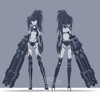 1girl 32zzz arm_cannon ass black_hair black_rock_shooter black_rock_shooter:_dawn_fall black_rock_shooter_(character) blue_eyes boots colored_skin commentary english_commentary flat_chest full_body grey_background grey_skin highres huge_weapon joints long_hair mechabare navel revision robot_joints rock_cannon twintails uneven_twintails weapon