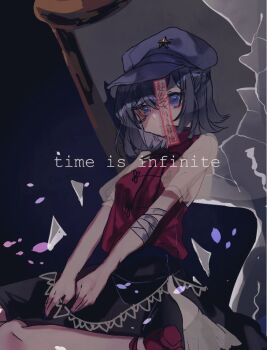 1girl black_hair black_ribbon black_skirt broken_hourglass chinese_clothes closed_mouth commentary_request english_text expressionless full_body hat hat_ornament hourglass jiangshi looking_at_viewer miyako_yoshika neck_ribbon newsboy_cap ofuda one-hour_drawing_challenge purple_background purple_eyes red_shirt red_shoes ribbon see-through_clothes see-through_sleeves seiza shinjitsu_no_kuchi shirt shoes short_hair sitting skirt solo star_(symbol) star_hat_ornament tangzhuang touhou