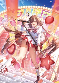 1girl ahoge balloon bow bow_legwear bowtie breasts brown_eyes brown_hair bubble concert confetti copyright_notice frilled_skirt frills from_below glowstick hair_ornament heart_balloon holding holding_microphone_stand idol_clothes large_breasts long_hair microphone_stand multicolored_skirt official_art on_stairs open_mouth outdoors prism_(z/x) red_bow red_skirt sailor_collar shirt shoes skirt smoke_tree_(flower_knight_girl) socks solo sparkle standing star_(symbol) star_balloon star_hair_ornament striped_bow striped_bowtie striped_clothes very_long_hair white_sailor_collar white_shirt white_shoes white_skirt white_socks yuasa_akira z/x