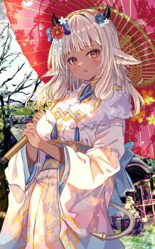 1girl animal_ears ash_(fire_emblem) ash_(new_year)_(fire_emblem) black_horns blush breasts brown_eyes cow_ears cow_girl cow_horns cow_tail dark-skinned_female dark_skin ear_flower fire_emblem fire_emblem_heroes flower fuussu_(21-kazin) hair_flower hair_ornament holding holding_umbrella horns japanese_clothes kimono large_breasts long_hair long_sleeves looking_at_viewer nintendo official_alternate_costume oil-paper_umbrella outdoors parted_lips solo tail umbrella white_hair white_kimono wide_sleeves