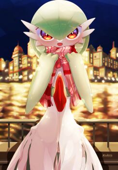 1girl adjusting_scarf artist_name blue_sky blurry blurry_background blush bob_cut bokeh building clothed_pokemon colored_skin cowboy_shot depth_of_field female_focus flat_chest gardevoir gen_3_pokemon gluteal_fold green_hair green_skin hair_between_eyes hands_up happy looking_at_viewer multicolored_skin night nintendo open_mouth outdoors plaid_clothes plaid_scarf pokemon pokemon_(creature) railing red_eyes red_scarf river scarf short_hair signature sky smile solo standing straight-on textless_version thigh_gap tsukkon twitter_username two-tone_skin white_skin yellow_background