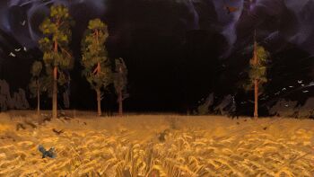 Rule 34 | bird, black sky, commentary request, field, highres, landscape, nature, no humans, original, quiet victories, russian commentary, scenery, sky, tree, wheat field