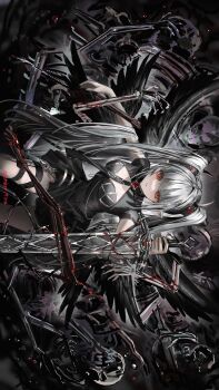 1girl absurdres black_dress blood bloody_weapon blunt_bangs bone breasts brooch cleavage_cutout clothing_cutout covered_navel cross-shaped_pupils dress gawako grey_hair half-closed_eye hashtag-only_commentary highres holding holding_sword holding_weapon horns jewelry knife long_hair looking_at_viewer necktie original pointy_ears red_hair short_sleeves sidelocks skeleton solo sword symbol-shaped_pupils thigh_strap twintails valentina_(gawako) weapon