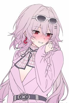 1girl alternate_costume belt black_belt clenched_teeth commentary earrings evernight_(honkai:_star_rail) eyewear_on_head hair_ornament hairclip highres honkai:_star_rail honkai_(series) jacket jewelry long_hair long_sleeves march_7th_(honkai:_star_rail) pink_hair pink_jacket red_eyes sasa234 scarf solo sunglasses symbol-only_commentary teeth unfinished upper_body very_long_hair