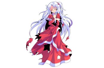 1girl alphes_(style) blush capelet commentary_request dairi defeat dress full_body hair_between_eyes hair_bobbles hair_ornament highres large_variant_set long_hair long_sleeves one_side_up parody parted_bangs red_capelet red_dress shinki_(touhou) solo style_parody tachi-e torn_clothes touhou touhou_(pc-98) transparent_background variant_set white_hair