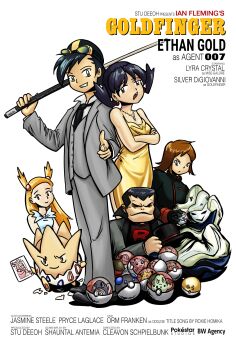 007 ahoge aipom annoyed armpit_crease bare_back bare_shoulders black_hair blue_eyes breasts brown_eyes brown_hair cameo character_name chikorita cleavage collarbone crease crossed_arms cyndaquil dress earrings english_text ethan_(pokemon) flipped_hair forehead formal_clothes full_body gen_1_pokemon gen_2_pokemon goggles goggles_on_headwear gym_leader hair_bobbles hair_ornament highres jasmine_(pokemon) jewelry kris_(pokemon) legs long_dress long_hair long_sleeves looking_at_viewer movie_poster necklace necktie nintendo no_headwear open_mouth orm_(pokemon) parody parted_bangs pikachu pilosophos pointing pointing_at_viewer poke_ball pokemon pokemon_(creature) pokemon_adventures poliwag raised_eyebrow red_hair scan short_hair shoulder-to-shoulder side_slit silver_(pokemon) sleeveless sleeveless_dress slowking small_breasts standing sundress sunkern teddiursa thighs tight_clothes tight_dress togepi twintails upper_body v-shaped_eyebrows yellow_dress
