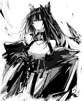 1girl absurdres arknights bare_shoulders chiriejjiyo closed_mouth greyscale hair_between_eyes hashtag-only_commentary highres long_hair looking_up material_growth mon3tr_(arknights) monochrome off_shoulder oripathy_lesion_(arknights) personification simple_background sketch solo white_background