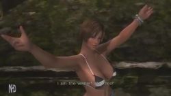 1girl 3d animated bikini black_bikini bracelet breasts brown_eyes brown_hair dark-skinned_female dark_skin dead_or_alive dead_or_alive_5 dead_or_alive_5_last_round denim denim_shorts flower flower_on_head jewelry lipstick lisa_hamilton makeup open_clothes open_shorts shorts striped_bikini striped_clothes swimsuit tagme video