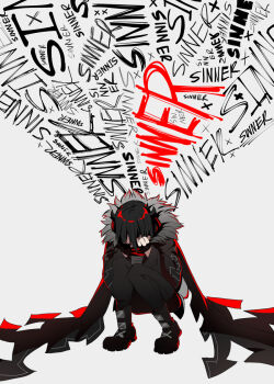 1girl arrow_print black_hair black_jacket boots covering_own_face curled_up english_text full_body fur-trimmed_collar fur_trim graveweaver hair_horns head_down highres i'm_the_grim_reaper jacket knees_together_feet_apart official_art scarlet_(i'm_the_grim_reaper) short_hair sitting solo text_background