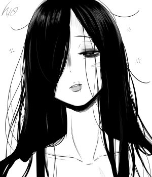 1girl absurdres bare_shoulders collarbone commentary english_commentary facial_scar hair_over_one_eye half-closed_eyes highres loose_hair_strand lughost parted_lips portrait scar scar_on_cheek scar_on_face scar_on_mouth simple_background sleepy solo squeans the_ring white_background yamamura_sadako