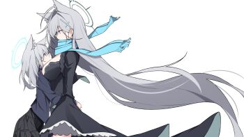 2girls absurdres ahoge animal_ear_fluff animal_ears arms_around_waist between_breasts black_choker black_dress blue_archive blue_eyes blue_halo blue_scarf breasts broken_halo choker commentary cross cross_hair_ornament dark_halo dress extra_ears eye_contact face-to-face grey_hair hair_ornament halo hashtag-only_commentary head_between_breasts height_difference highres hug inverted_cross large_breasts long_hair long_sleeves looking_at_another medium_hair mmhomm multiple_girls scarf shiroko_(blue_archive) shiroko_terror_(blue_archive) shirt wolf_ears wolf_girl