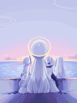 Rule 34 | 4girls, blue archive, commentary request, ein (blue archive), from behind, halo, highres, large hat, long hair, long sleeves, malkuth (blue archive), multiple girls, ocean, ohr (blue archive), short twintails, sitting, sof (blue archive), tachikaze miyako, triplets, twintails, white hair, wide sleeves, yellow halo