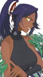 Rule 34 | 1girl, 2024, arm at side, arm under breasts, arm warmers, artist name, bare shoulders, black leotard, bleach, breasts, bright pupils, collarbone, commentary, dark-skinned female, dark skin, dated, eyelashes, grin, hair ribbon, highres, index finger raised, jou (jo jjo), large breasts, leaf, leotard, long hair, looking at viewer, one eye closed, parted bangs, ponytail, profile, purple hair, red ribbon, ribbon, shihouin yoruichi, sidelocks, simple background, smile, solo, tsurime, upper body, v-shaped eyebrows, very long hair, white background, white pupils, yellow eyes