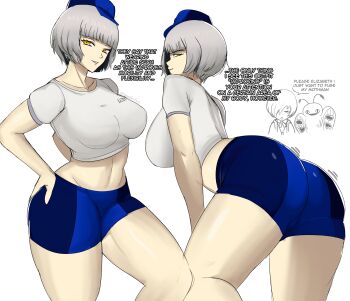 1girl absurdres ass breasts curvy elizabeth_(persona) female_focus grey_hair gus_(emmarrgus) hat highres huge_ass large_breasts looking_at_viewer midriff persona persona_3 short_hair shorts thick_thighs thighs yellow_eyes