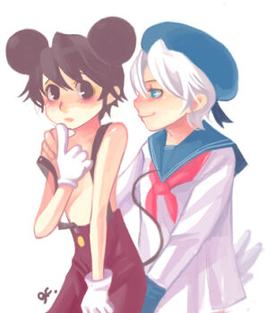 2boys animal_ears archived_source artist_name bare_arms bare_shoulders bf._(sogogiching) black_eyes black_hair black_ribbon black_suspenders blue_eyes blue_hat blue_sailor_collar blush buttons collared_shirt commentary_request cowboy_shot disney donald_duck donald_duck_sailor_hat duck_boy duck_tail gloves gold_buttons hair_between_eyes hair_ears hand_on_another&#039;s_shoulder hat humanization impasto korean_commentary long_sleeves looking_at_another lowres male_focus mickey_mouse mickey_mouse_&amp;_friends mickey_mouse_ears mouse_boy mouse_ears multiple_boys neckerchief no_lineart open_mouth pants pork_pie_sailor_hat profile red_neckerchief red_pants ribbon sailor_collar sailor_shirt shirt short_hair signature sleeve_cuffs smile suspenders topless_male white_gloves white_hair white_shirt white_sleeves white_tail yaoi