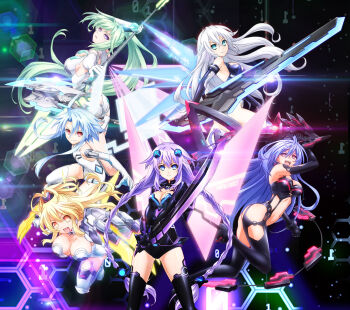 6+girls ass bare_shoulders black_heart_(neptunia) blanc blanc_(neptunia) blonde_hair blue_eyes blue_hair bodysuit boots braid breasts cleavage david_productions friends gloves green_eyes green_hair green_heart_(neptunia) hair_ornament hairclip headgear highres iris_heart_(neptunia) large_breasts long_hair medium_breasts midriff multiple_girls navel neptune_(neptunia) neptune_(series) noire_(neptunia) official_art orange_eyes pink_eyes pish ponttail power_symbol-shaped_pupils purple_eyes purple_hair purple_heart_(neptunia) pururut red_eyes stomach sword symbol-shaped_pupils thighs twin_braids vert vert_(neptunia) very_long_hair weapon white_hair white_heart_(neptunia) wings yellow_eyes yellow_heart_(neptunia)