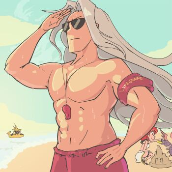 armband beach celica_(fire_emblem) cloud_strife davewaterfalls final_fantasy final_fantasy_vii fire_emblem fire_emblem_echoes:_shadows_of_valentia grey_hair grima_(fire_emblem) innertube lifeguard male_swimwear nintendo ocean sand_castle sand_sculpture sephiroth sunglasses swim_ring swim_trunks water whistle