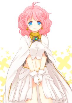 0321_sheep 1girl blue_eyes breasts female_focus fingerless_gloves gloves highres long_hair midriff navel pink_hair rance_(series) rance_02 sengoku_rance sill_plain simple_background smile solo v_arms