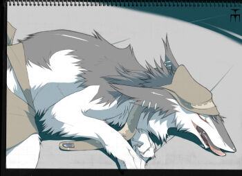 androgynous animal_ears earrings fangs furry gender_request hat jewelry lying multicolored_hair open_mouth paper sergal sleeping solo tongue trancy_mick