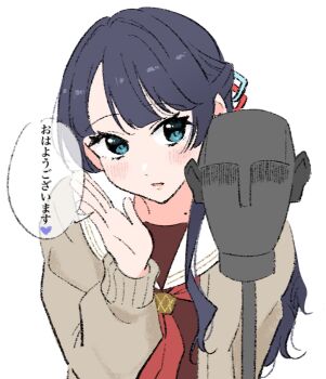 1girl :d asmr binaural_microphone black_hair blue_eyes blue_ribbon brown_dress commentary_request dress hair_ribbon half_updo hasu_no_sora_school_uniform heart highres link!_like!_love_live! llkapital long_sleeves love_live! microphone mole mole_on_neck murano_sayaka neckerchief open_mouth parted_lips red_neckerchief red_ribbon ribbon sailor_collar sailor_dress school_uniform simple_background smile solo spoken_heart upper_body virtual_youtuber whispering white_background white_sailor_collar winter_uniform