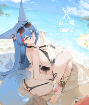 1girl absurdres animal_ears bai_yao_(user_ygua7252) barefoot beach black_bra black_choker black_panties blue_eyes blue_hair bra breasts choker commentary cup glasses highres holding holding_cup large_breasts long_hair looking_at_viewer multicolored_hair open_mouth original panties red_hair sample_watermark sitting swimsuit two-tone_hair underwear underwear_only water watermark wide_hips