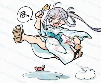 1girl ahoge artist_logo asashimo_(kancolle) asashimo_(yukata)_(kancolle) candy commentary_request crab dated food geta grey_eyes grey_hair jumping kantai_collection kutone_shirika logo lollipop long_hair open_mouth ponytail puddle running sharp_teeth simple_background smile teeth white_background