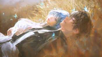 1boy 1girl absurdres artist_name black_hair black_jacket blue_butterfly blue_hair blue_veil breasts bug butterfly closed_eyes closed_mouth collared_jacket commentary english_commentary english_text from_side grey_shirt highres insect jacket large_breasts looking_at_another lying male_rover_(wuthering_waves) medium_hair on_back purple_eyes rover_(wuthering_waves) shirt shorekeeper_(wuthering_waves) side-by-side smile ui_uiiiiiiiii veil wuthering_waves